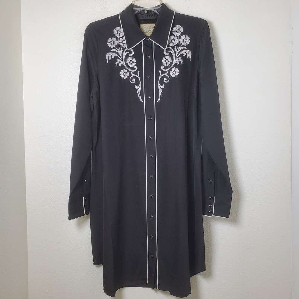 Roper Western Shirt Dress Black Floral Embroidered Long Sleeve Pearl Snap XL - Picture 12 of 12